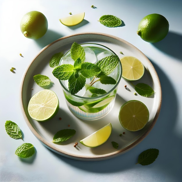 Photo mint and lime drink over white desk and blue background