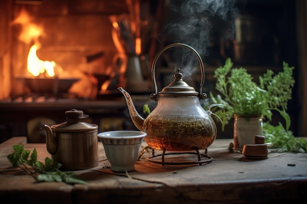 Mint tea brewing in a rustic teapot by the fire created with generative ai