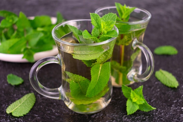 Mint tea in transparent cups on a black background.