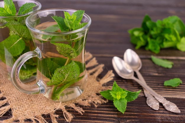 Mint tea in transparent cups on a wooden background.