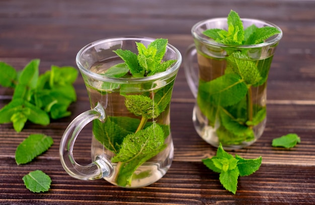 Mint tea. Two cups of mint tea on a dark wooden background.