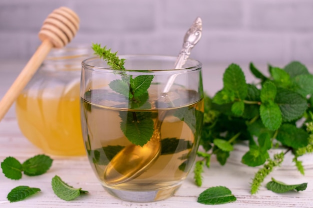 Mint tea with honey in a glass. Close-up.