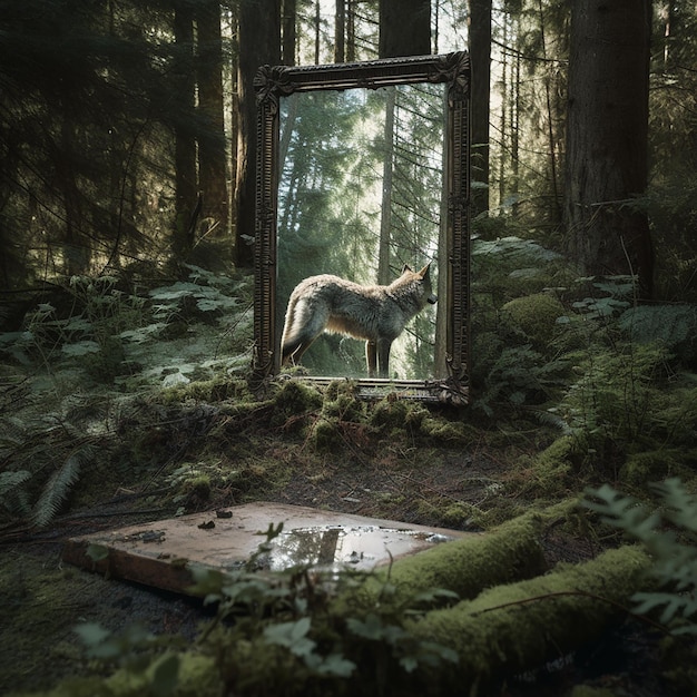 Mirror in a dense strange magical forest reflection of a wolf in the mirror horror landscape