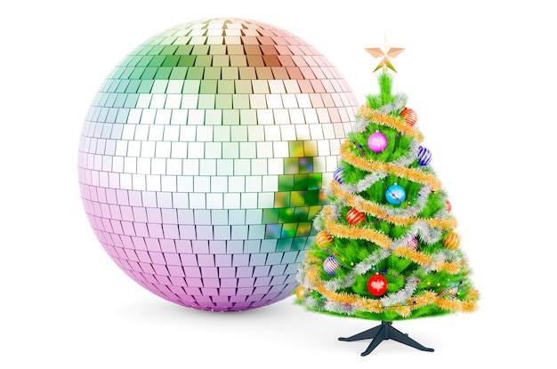 Mirror disco ball with Christmas tree Christmas party concept 3D rendering