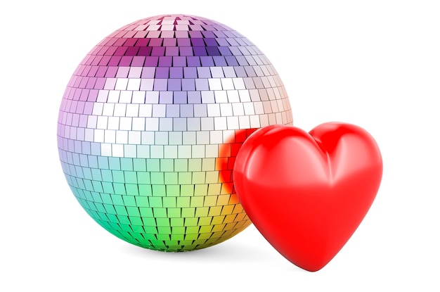 Mirror disco ball with red heart 3D rendering