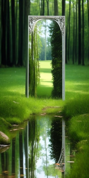 A mirror in a forest with the reflection of the trees.