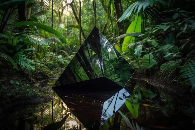 A mirror in the jungle is reflected in the water