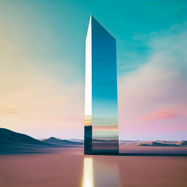 a mirror monolith standing in the desert light blue and pink sky surreal digital art