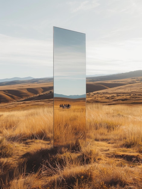 Photo mirror reflecting landscape in a grassland