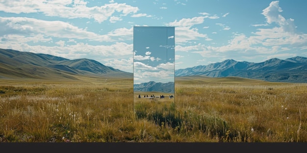 Photo mirror reflecting landscape in a grassland