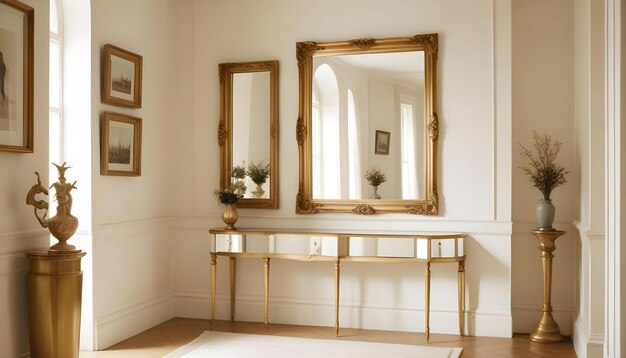 a mirror on a wall with a gold frame