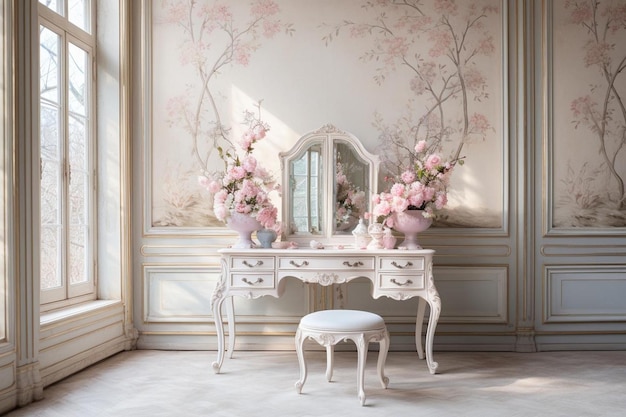 Photo a mirror on a wall with a white chair and a white table with flowers