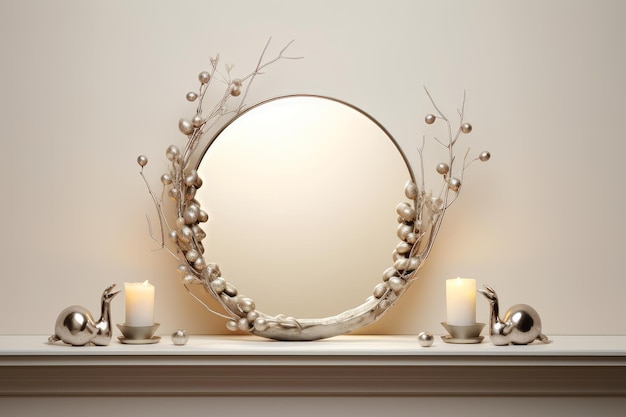 A mirror with branches on it and candles on a wall