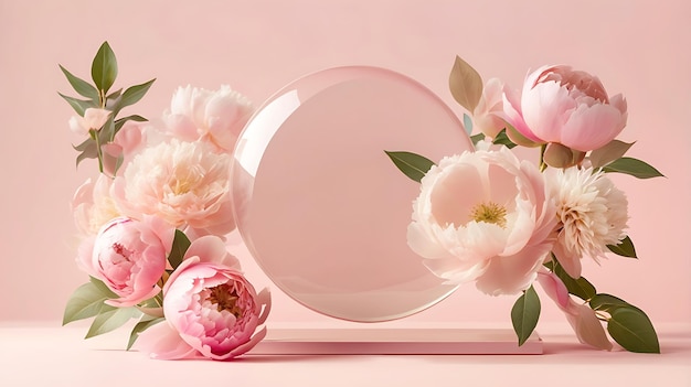 Photo a mirror with flowers on it and a pink background