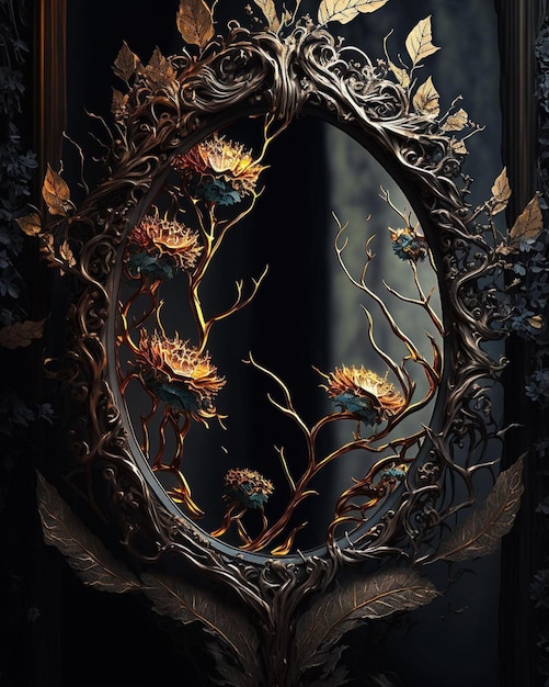 A mirror with flowers on it that has a gold frame and a leaf on it.