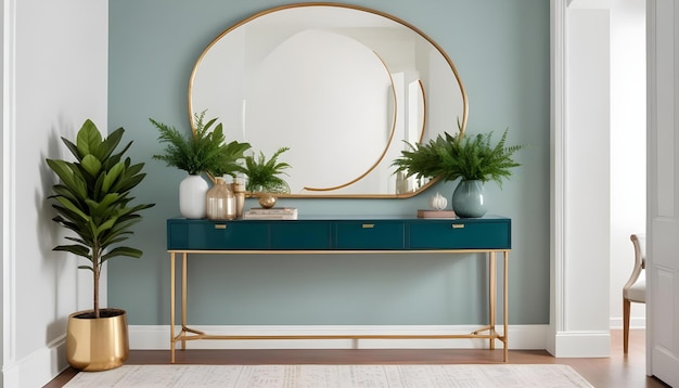 a mirror with a gold frame is above a blue shelf with plants and a round mirror