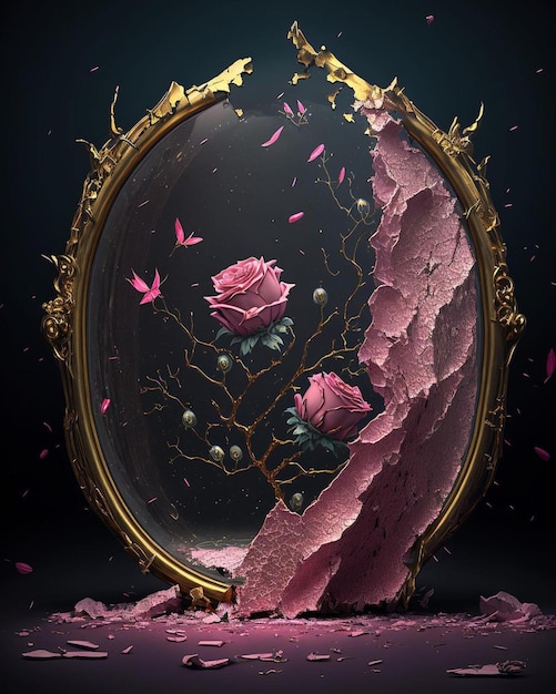 A mirror with pink roses on it that is on a black background.