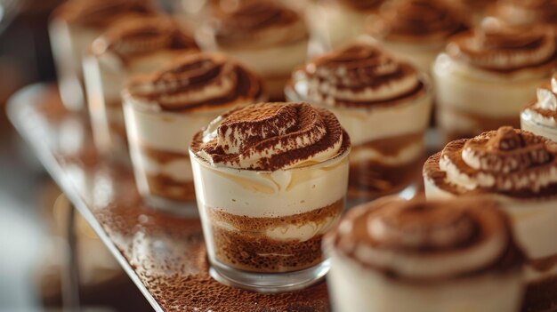 Photo mirrored dessert tray with tiramisu cups featuring espressosoaked fingers creamy mascarpone