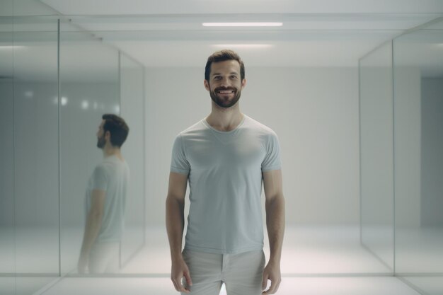 Mirrored Dimensions Man Surrounded by Reflective Surfaces Creating a Captivating of Images