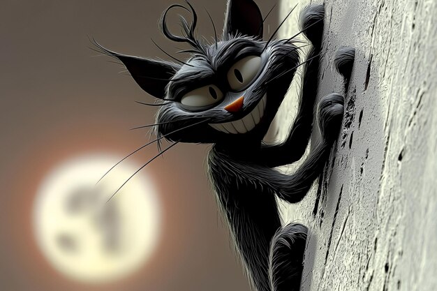 Photo mischievous black cat peeking around corner with moon in background