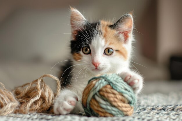 Photo a mischievous calico kitten plays with a ball of yarn on a soft cozy blanket a mischievous calico kitten playing with a ball of yarn