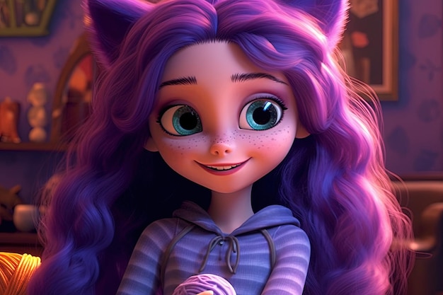 Mischievous catgirl with long purple hair and cat ears holding a ball of yarn and a playful smile big eyes cartoon style illustration generative ai