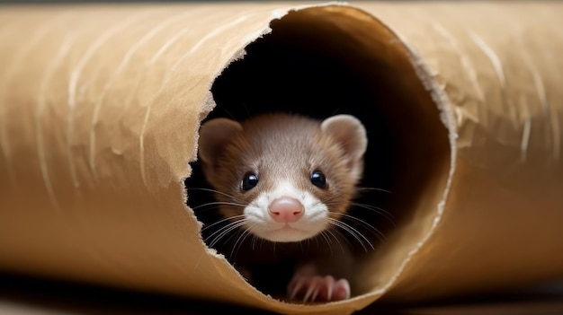 A mischievous ferret peeking out of a cardboard tube AI generated