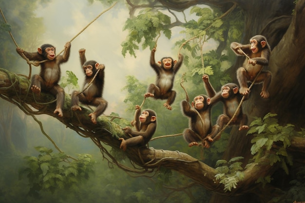 A mischievous group of monkeys swinging from tree to tree with boundless energy and curiosity