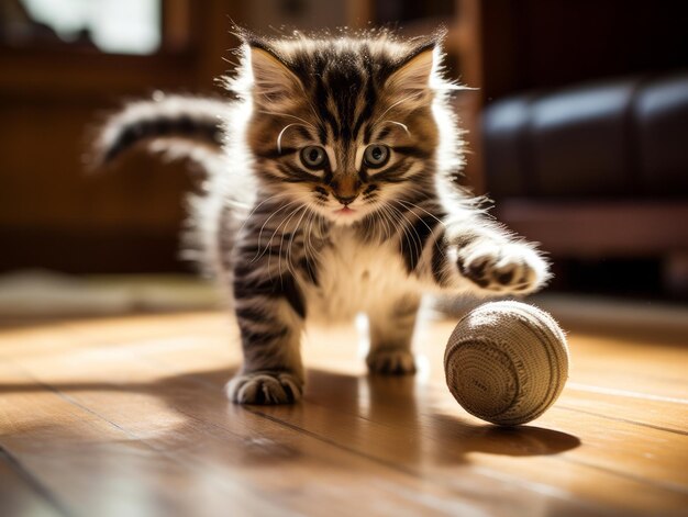 Photo mischievous kitten playfully swatting at a dangling toy