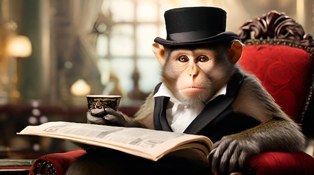 A mischievous monkey wearing a top hat and monocle sipping tea and reading a newspaper in a fancy