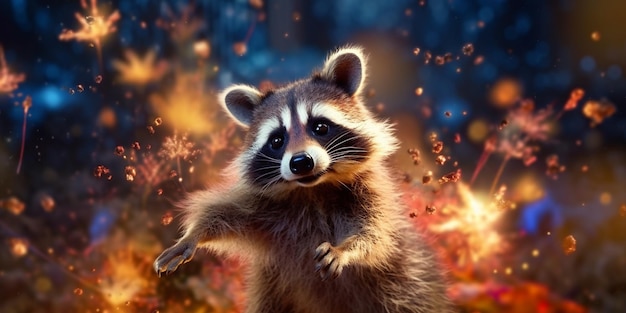 A mischievous raccoon captivated by the New Year's Eve fireworks display AI generated