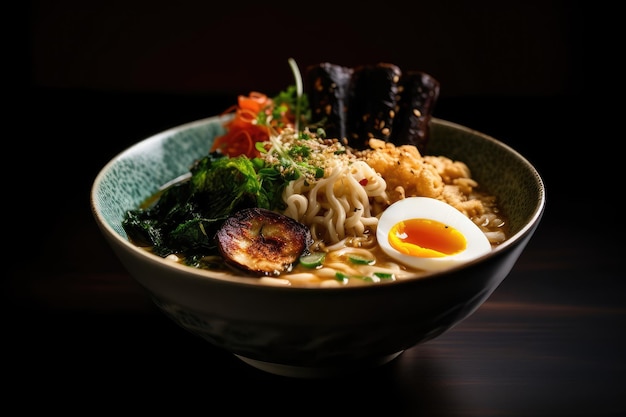 Photo miso ramen asian noodles in broth with eggs miso ramen soup bowl on dark background abstract generative ai illustration