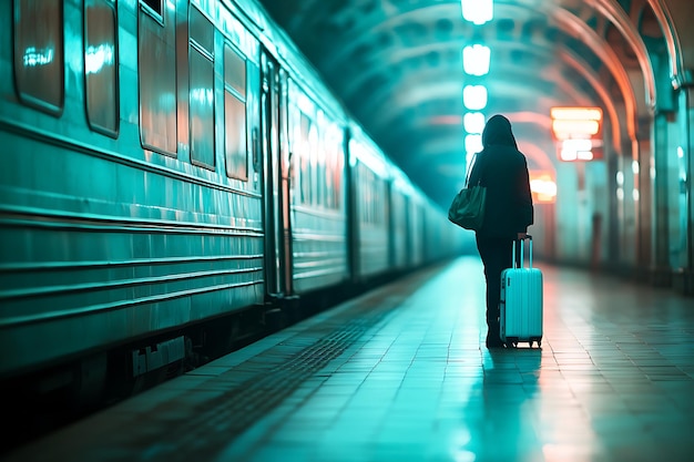 Photo missed connection turquoise train departs as traveler stands