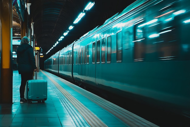 Photo missed connection turquoise train departs as traveler stands