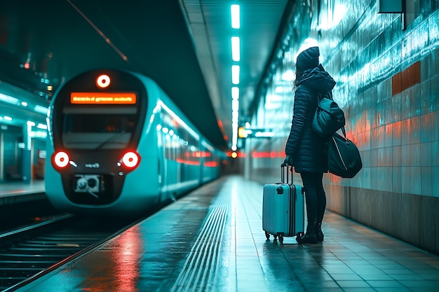 Photo missed connection turquoise train departs as traveler stands