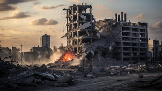 Missile destroyed buildings in the Gaza Strip