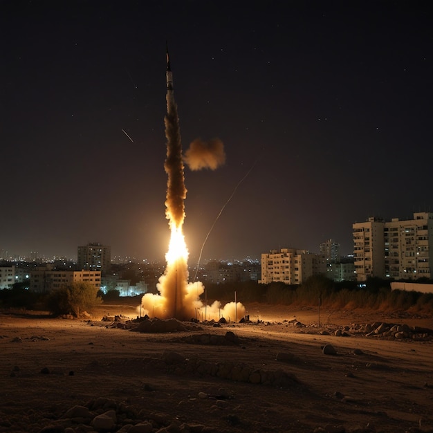 Photo missile or rocket attacks seen streaking across the night sky