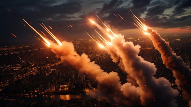 Missiles Launching Over City Skyline World War III