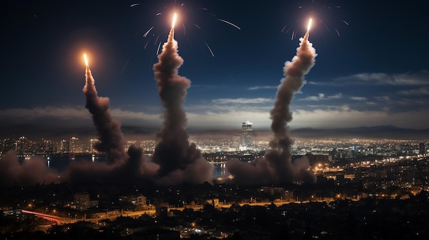 Missiles Launching Over City Skyline World War III