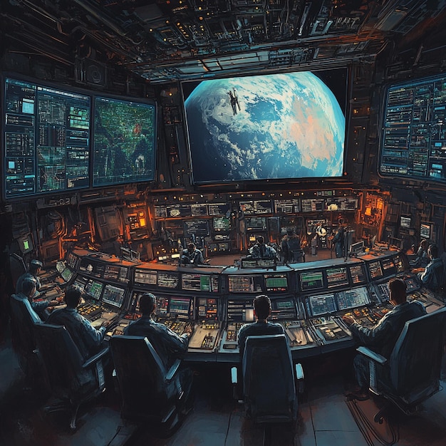 Photo a mission control center with teams monitoring a deep space mission