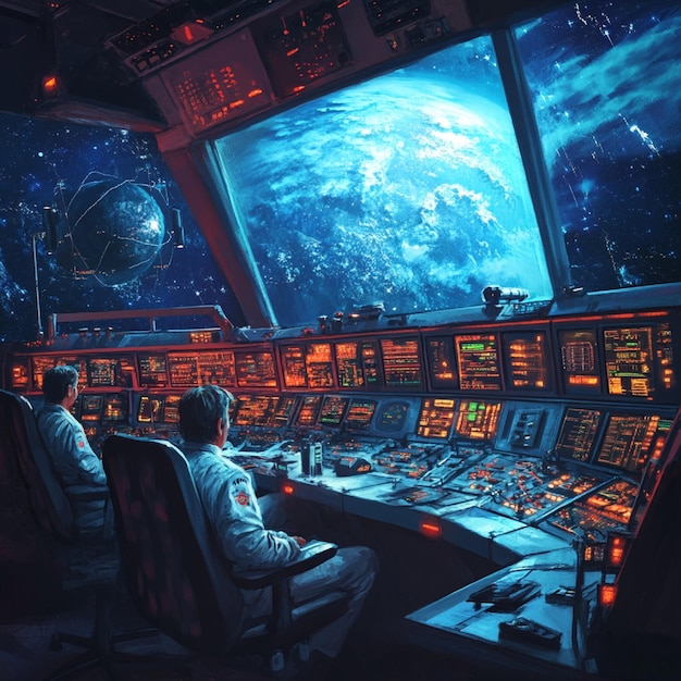 Photo a mission control center with teams monitoring a deep space mission