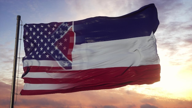 Mississippi and USA flag on flagpole. USA and Mississippi Mixed Flag waving in wind