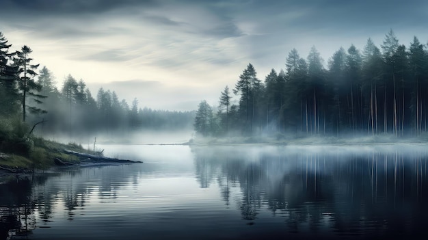 mist misty forest lake illustration water morning nature beautiful background reflection mist misty forest lake