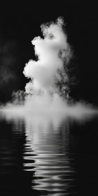 Photo mist rises from the calm water in a darkened environment