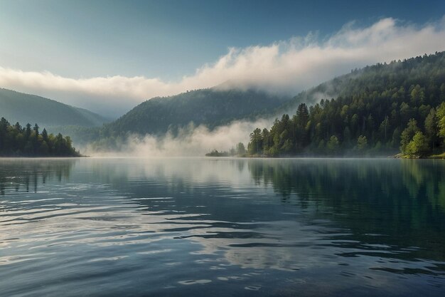 Photo mist rising over a secluded mountain lake