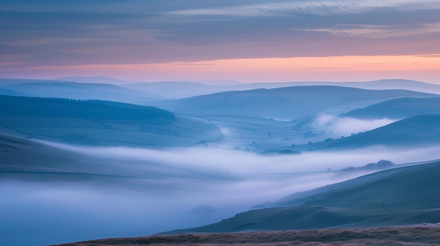 Mist rolling over hills at dawn layers of hills visible in the distance