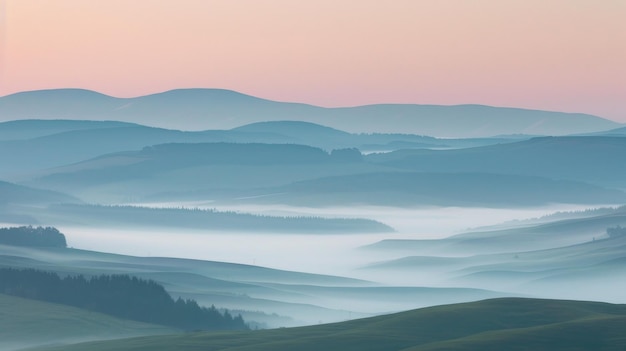 Mist rolling over hills at dawn layers of hills visible in the distance