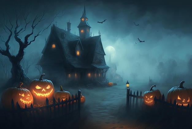 In the mist sits a witch town with pumpkins Illustration of a realistic Halloween event