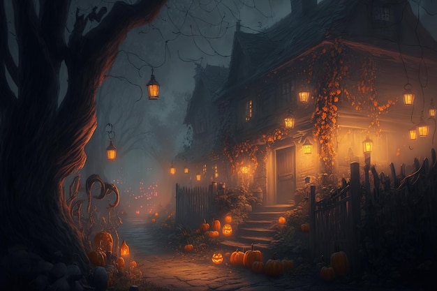 In the mist there lies a witch town with pumpkins Illustration depicting a realistic Halloween celebration