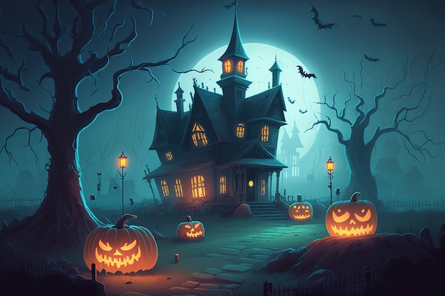 In the mist there lies a witch town with pumpkins realistic depiction of a Halloween event